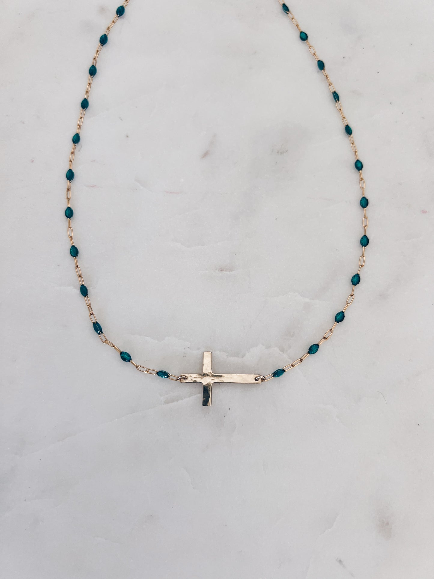 14k Gold Filled Cross & Aqua Marine Crystal Necklace