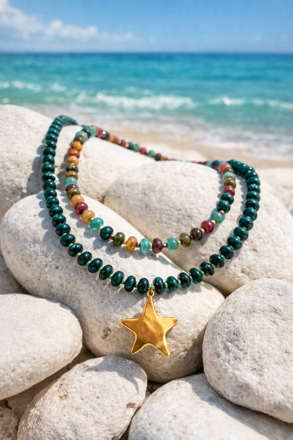 Midnight Lagoon Gemstone & Star Pendant Necklace | Coastal Gem Collection