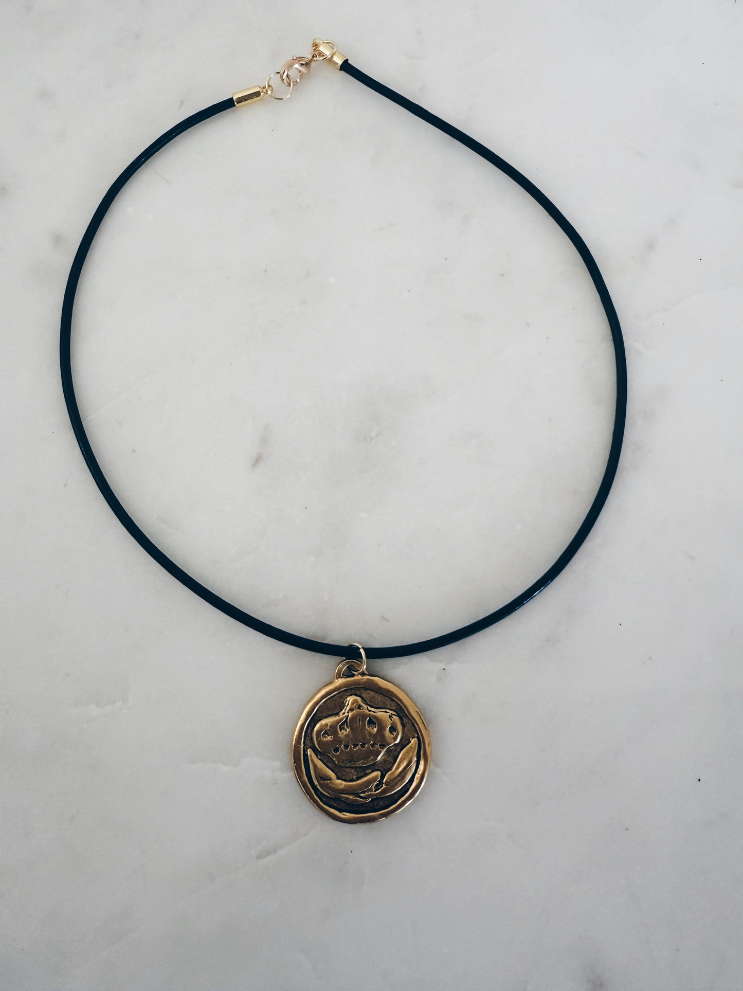Espresso Leather Cord Choker Gold Bee Medallion
