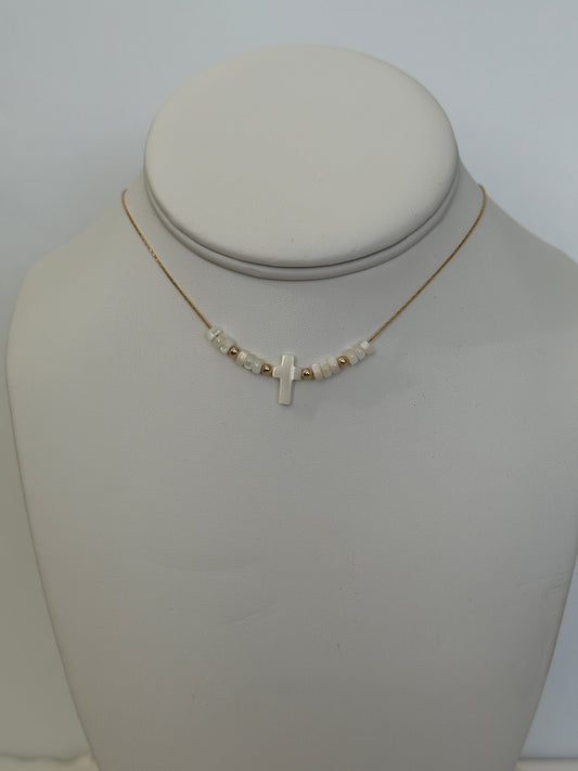14k Gold Filled Dainty Silk Chain Necklace w/Shell Pearl Cross and Beads
