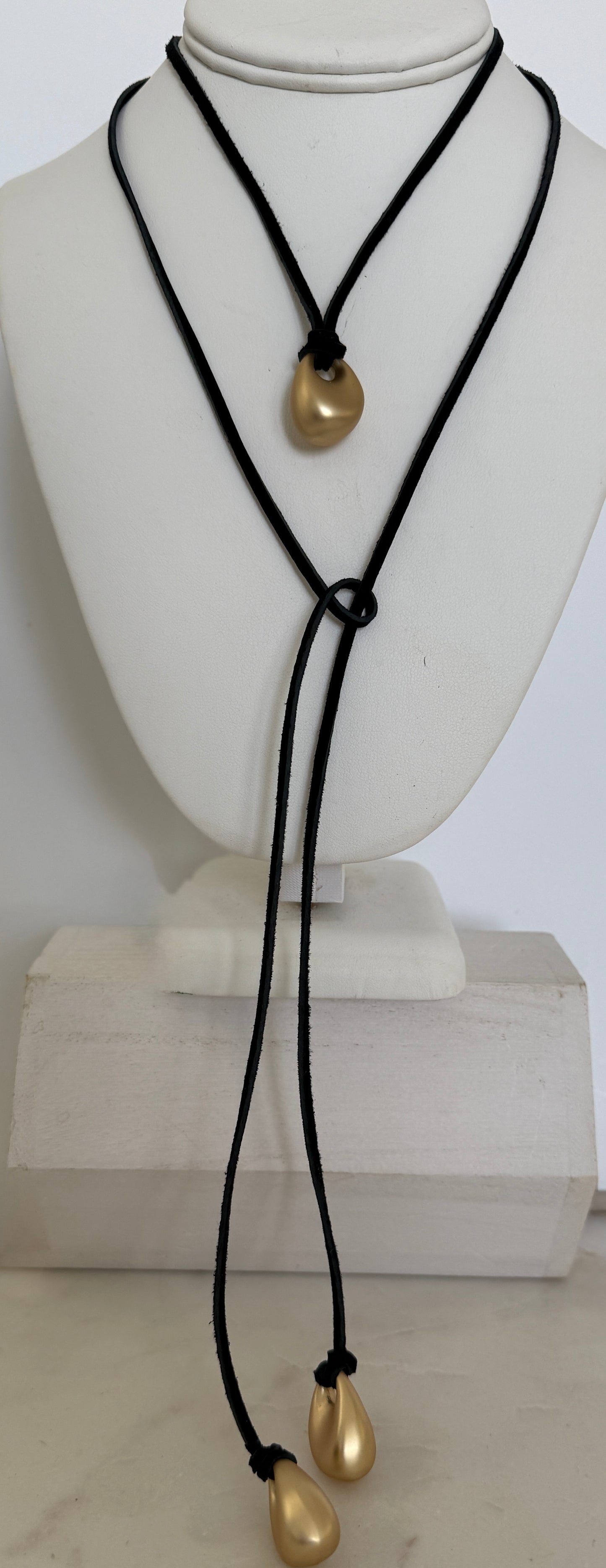 Black Suede Leather Cord w/Brushed Gold Oval Pendants