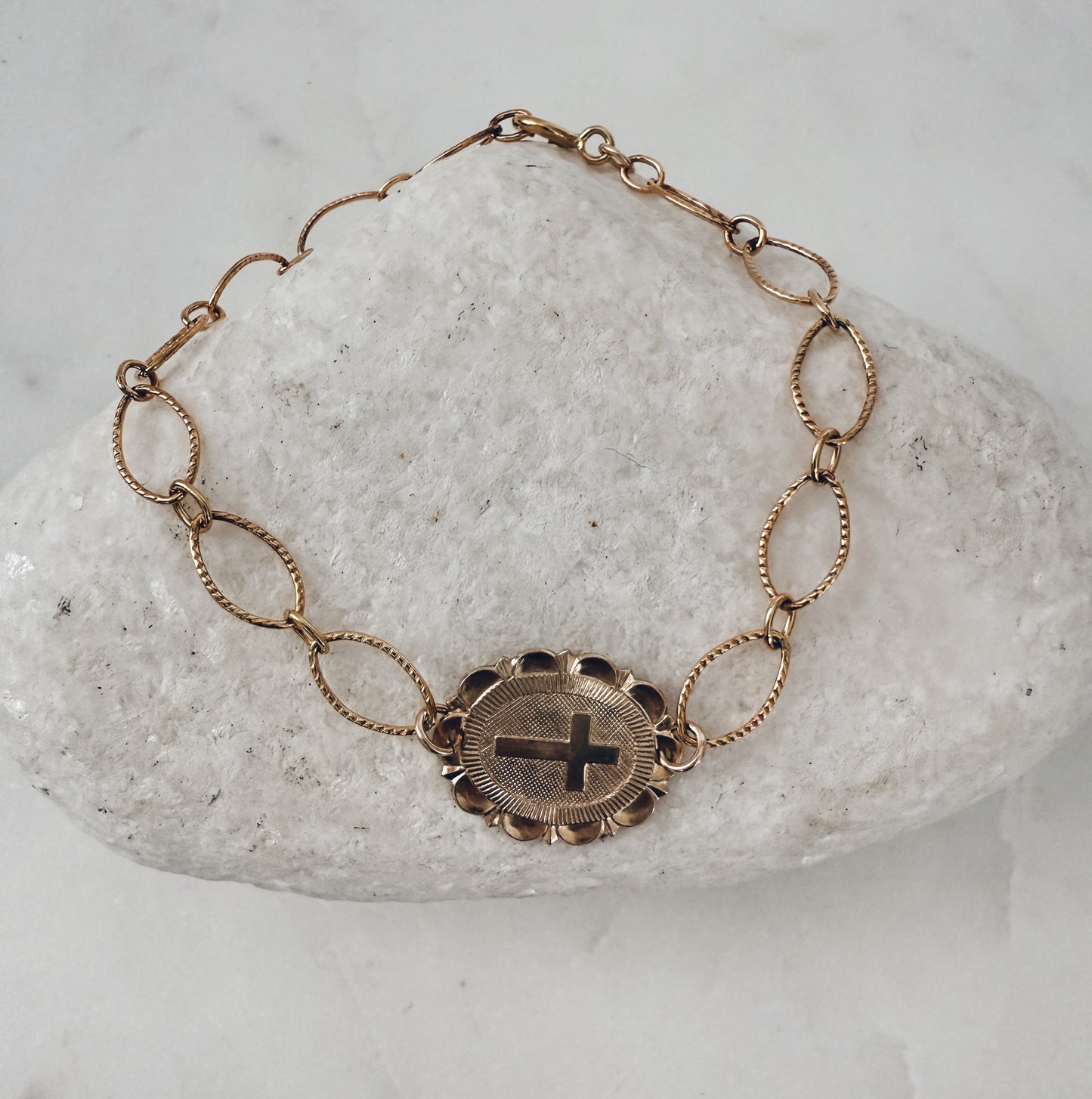 14k Gold Filled Textured Cross Coin Bracelet