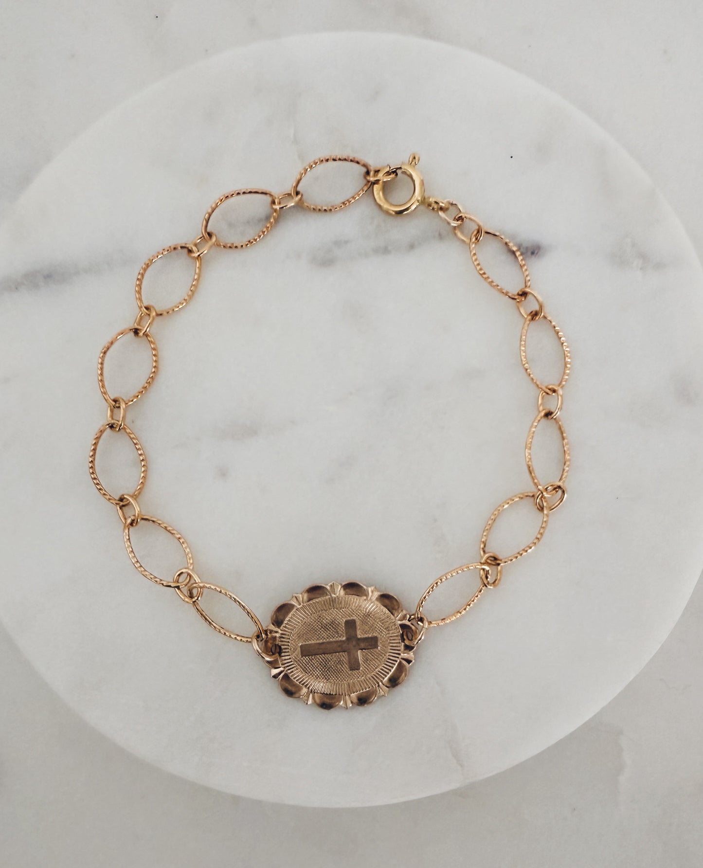 14k Gold Filled Textured Cross Coin Bracelet