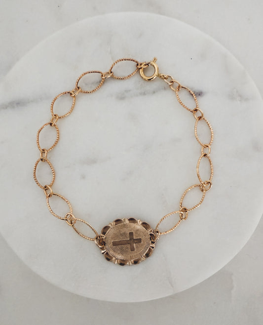 14k Gold Filled Textured Cross Coin Bracelet