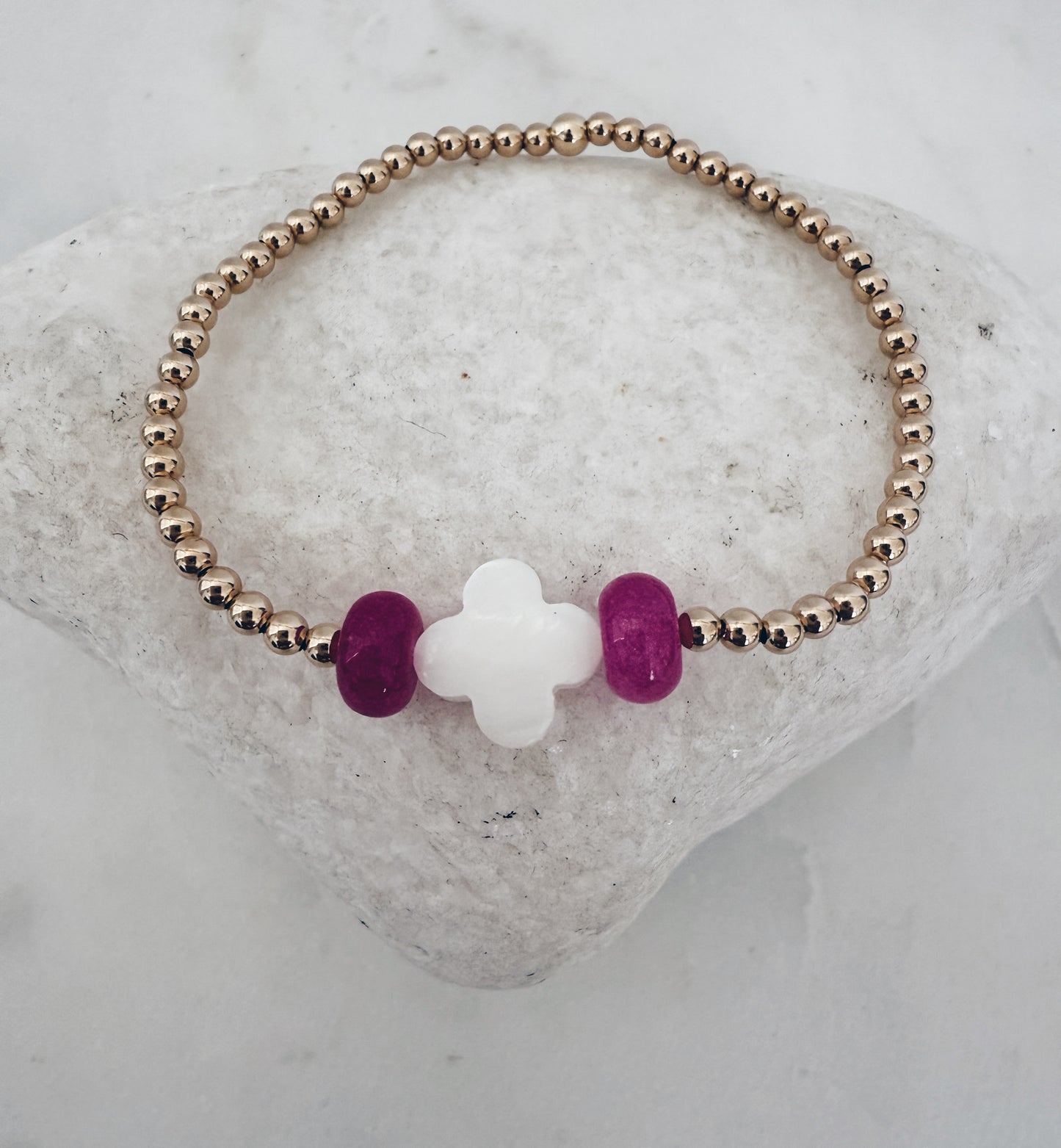 14k Gold Filled Beaded Gemstone and MOP Clover Bracelet