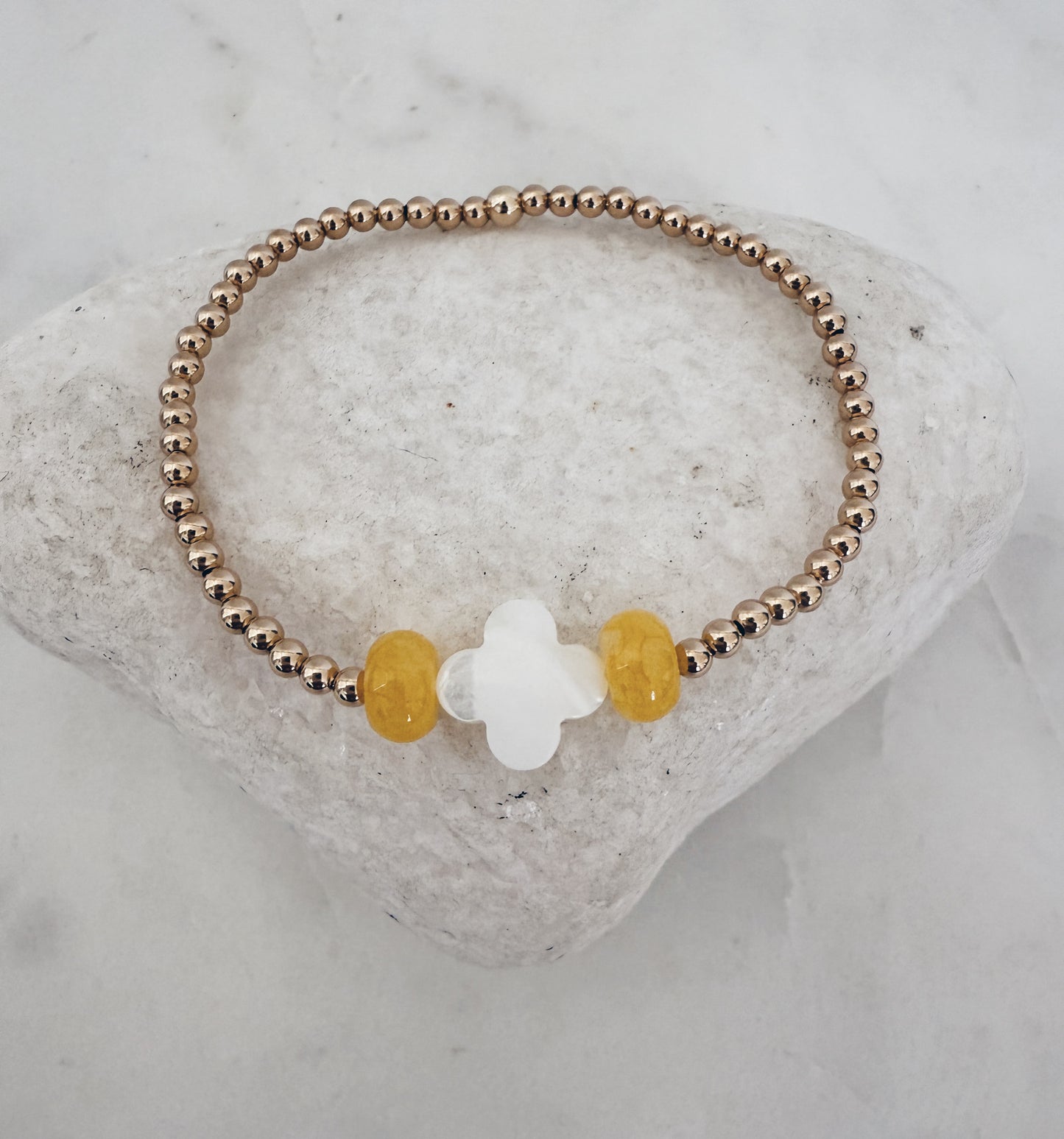14k Gold Filled Beaded Gemstone and MOP Clover Bracelet