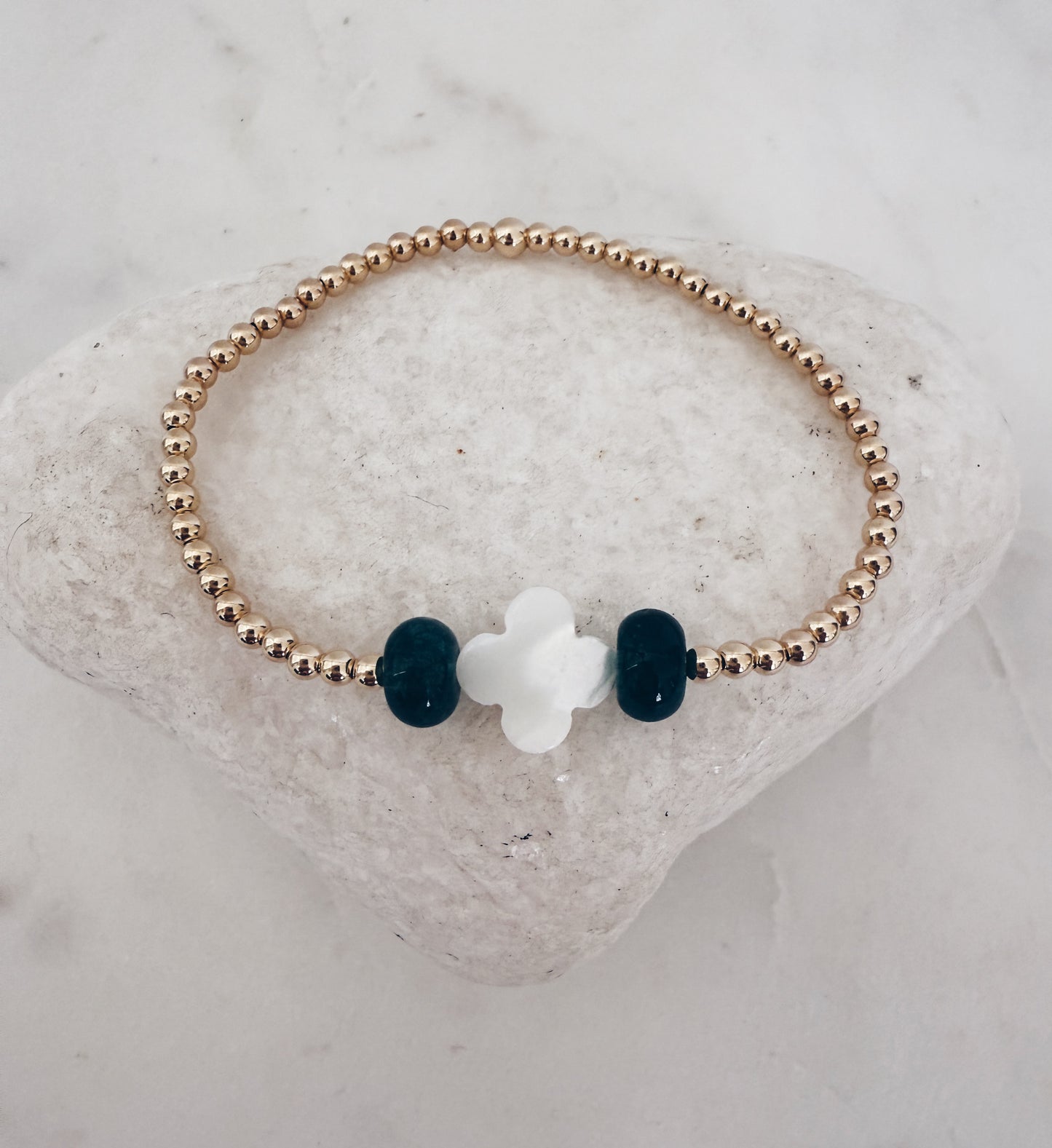 14k Gold Filled Beaded Gemstone and MOP Clover Bracelet
