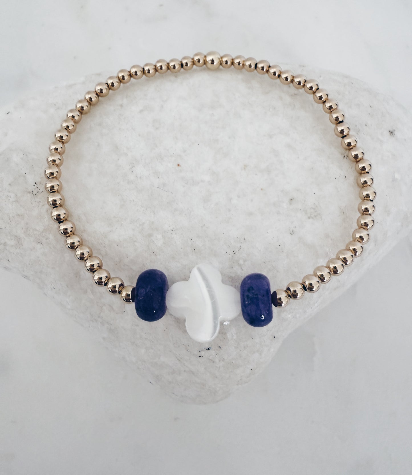 14k Gold Filled Beaded Gemstone and MOP Clover Bracelet