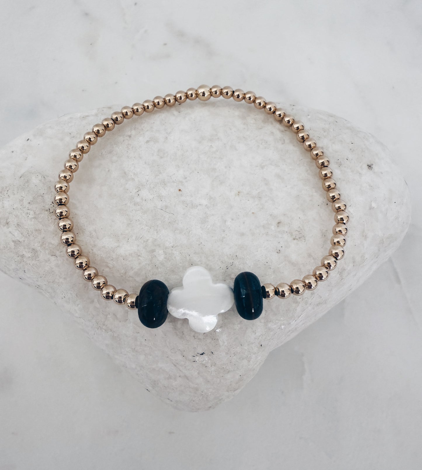 14k Gold Filled Beaded Gemstone and MOP Clover Bracelet