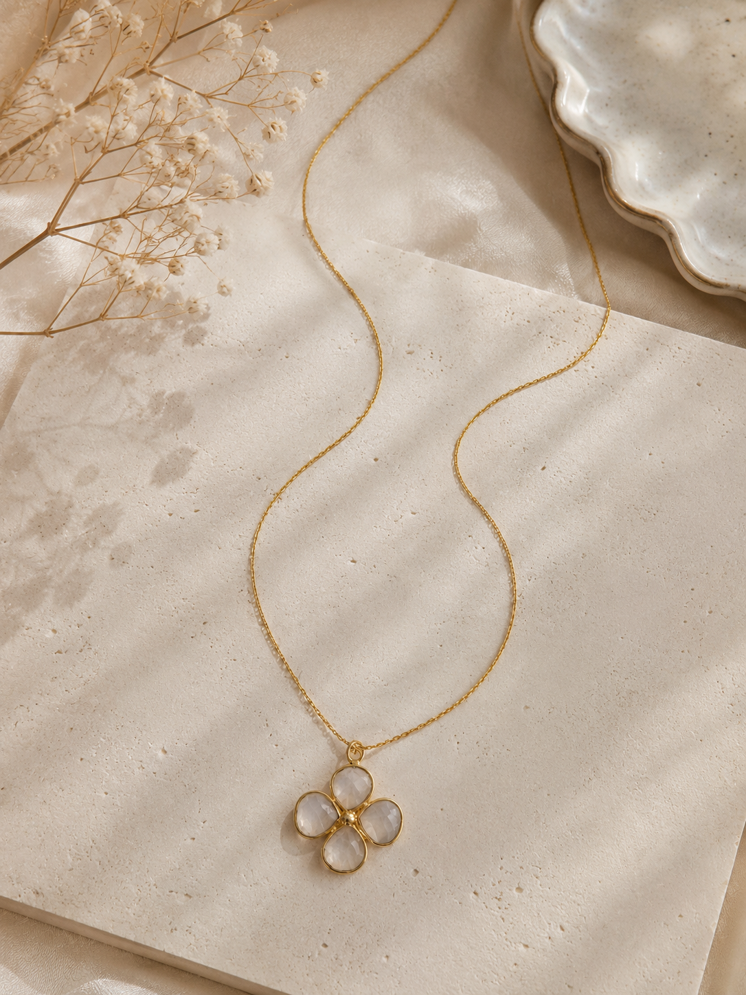 14k Gold Filled Moonstone Clover Necklace