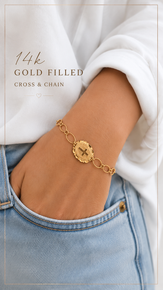 14k Gold Filled Textured Cross Coin Bracelet