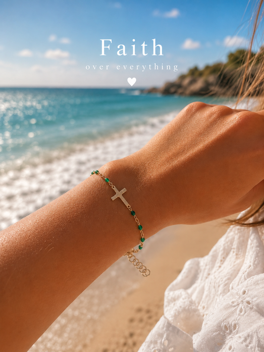 14k Gold Filled Cross & Aquamarine Crystal Bracelet