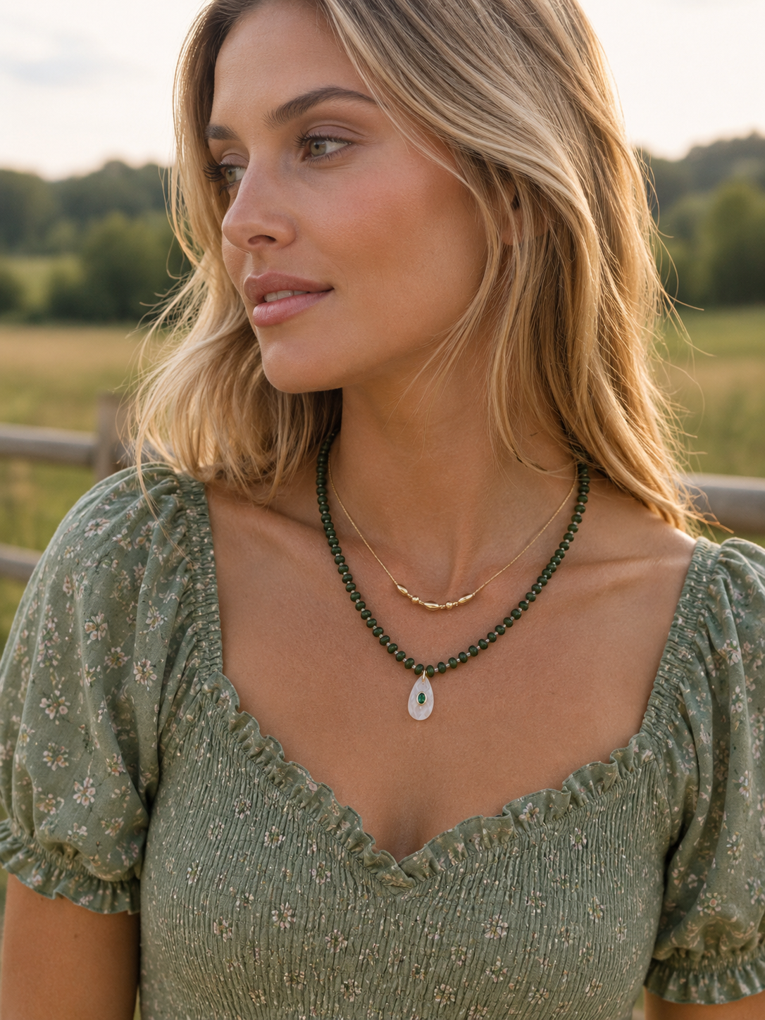 Emerald Jade & Clear Quartz Gemstone Pendant Necklace | Coastal Gem Collection