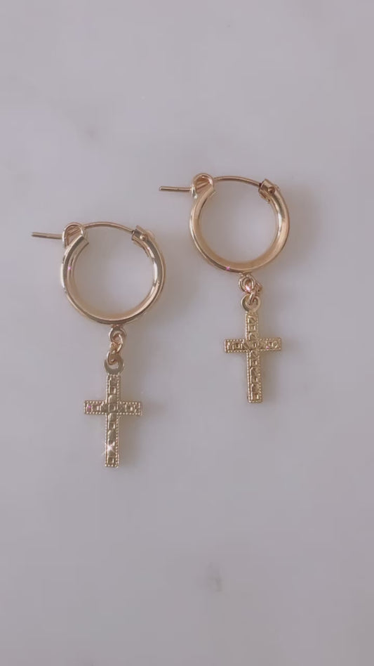 14 Gold Filled Mini Cross Huggie Hoops