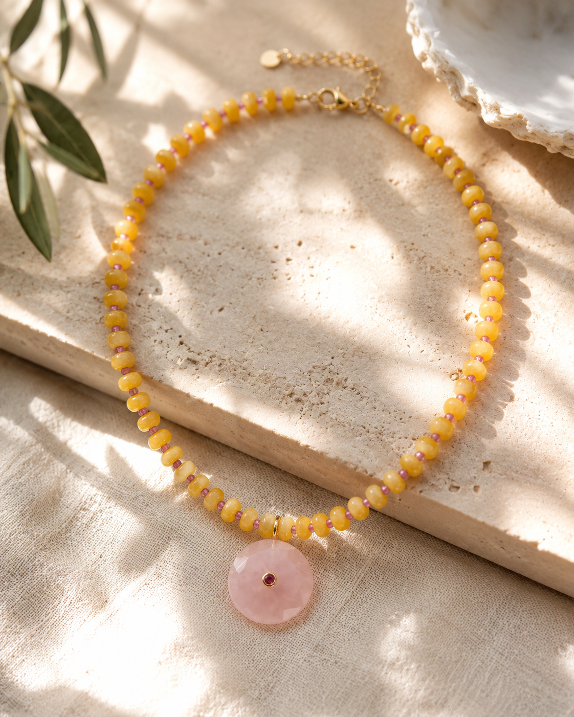 Yellow Jade & Rose Quartz Gemstone Pendant Necklace | Coastal Gem Collection
