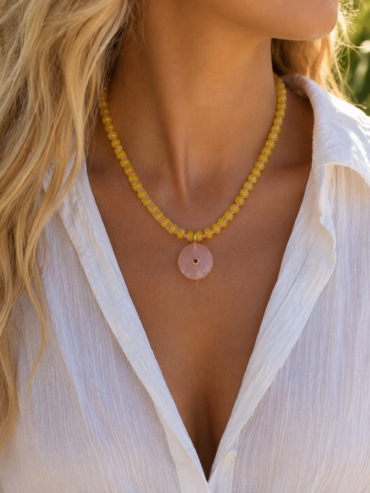 Yellow Jade & Rose Quartz Gemstone Pendant Necklace | Coastal Gem Collection