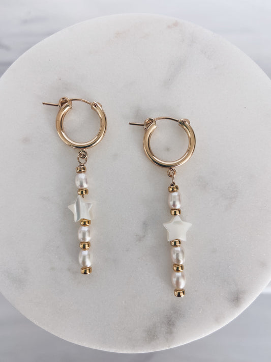 14k Gold Filled Star Pearl Huggie Hoops