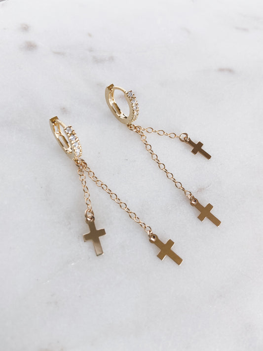 Gold CZ Huggie Hoops & Cross Drops