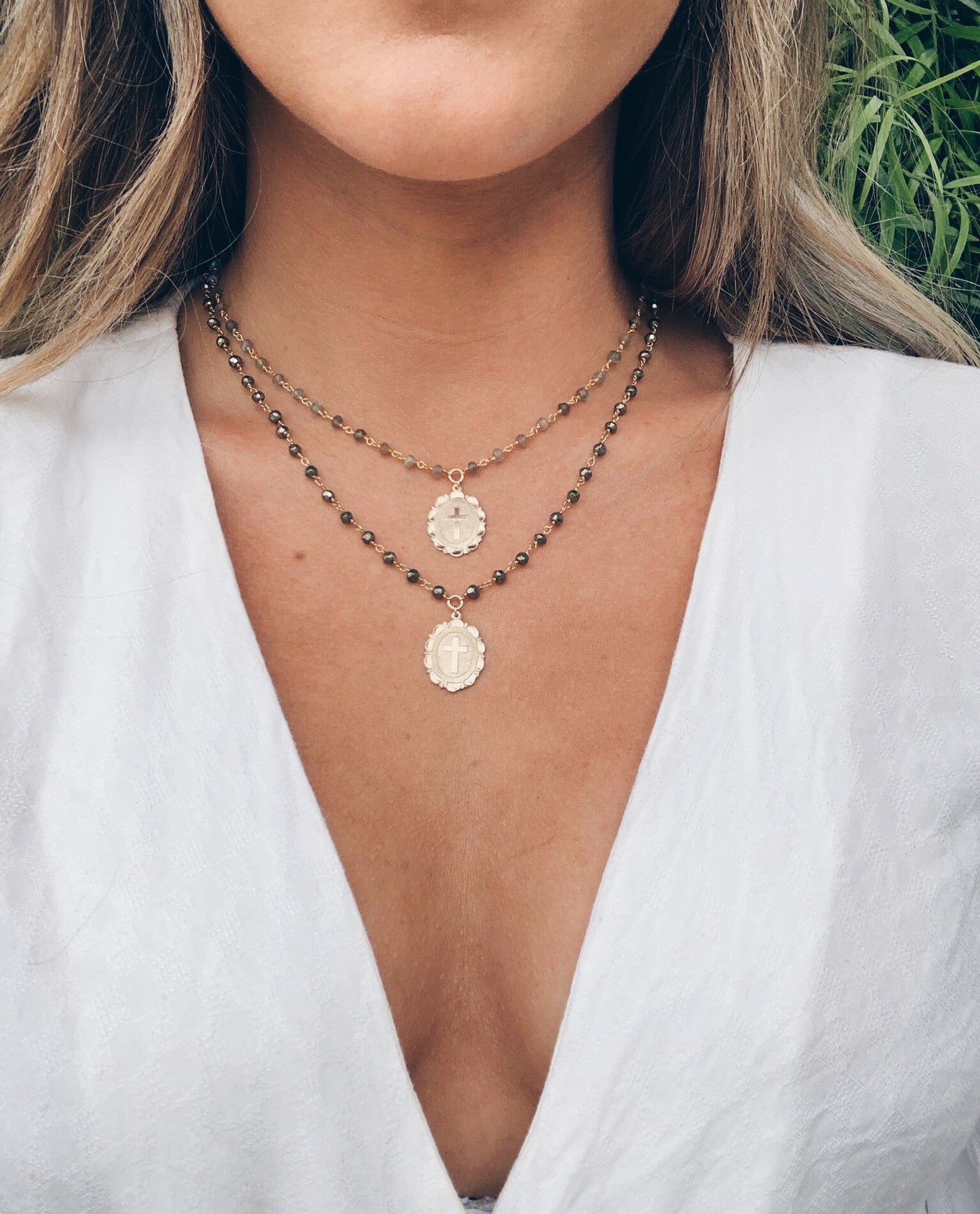 Rosary Gemstone Cross Coin Necklace + More Options