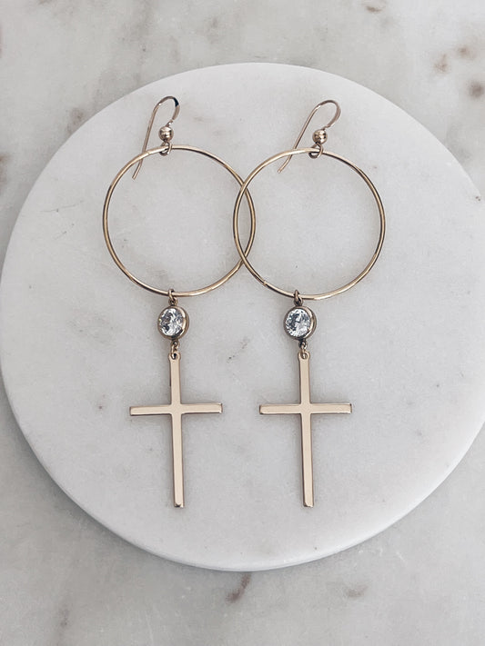 14k Gold Filled CZ Cross Hoop Earrings