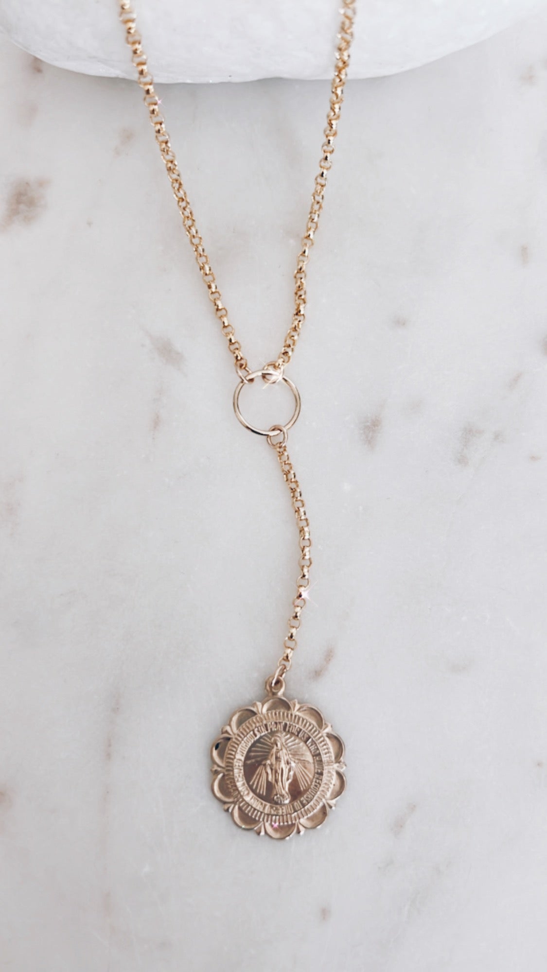 14k Gold Filled Mother Mary Coin Y Necklace