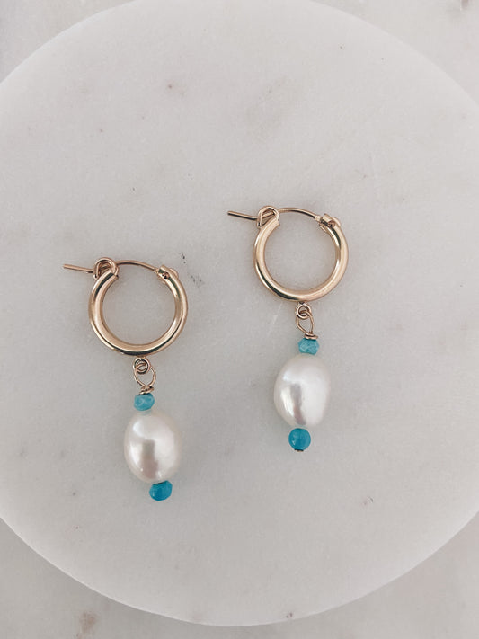 Turquoise & Baroque Pearl Huggie Hoops