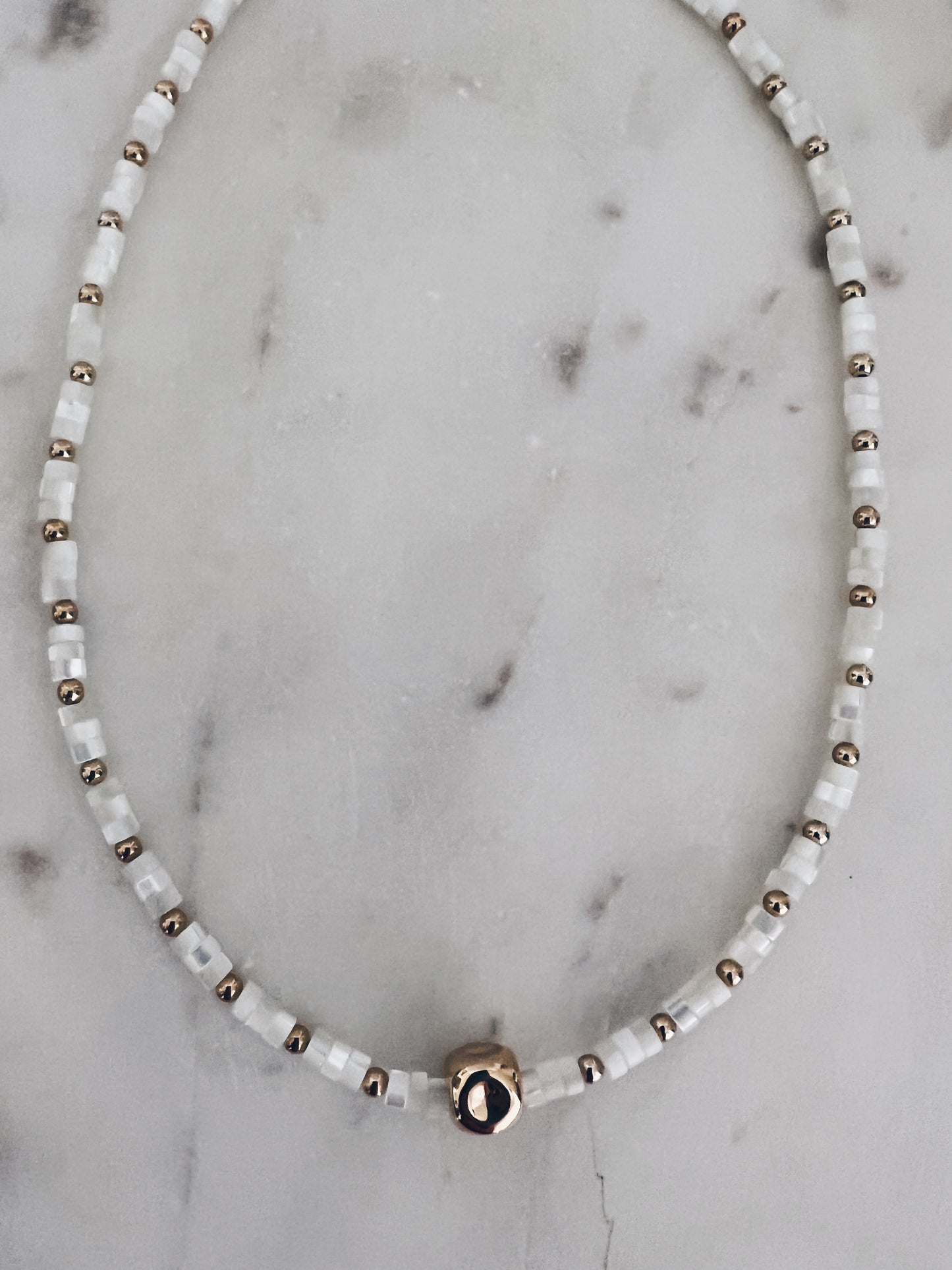Pearl Disc & Hammered Cube Necklace