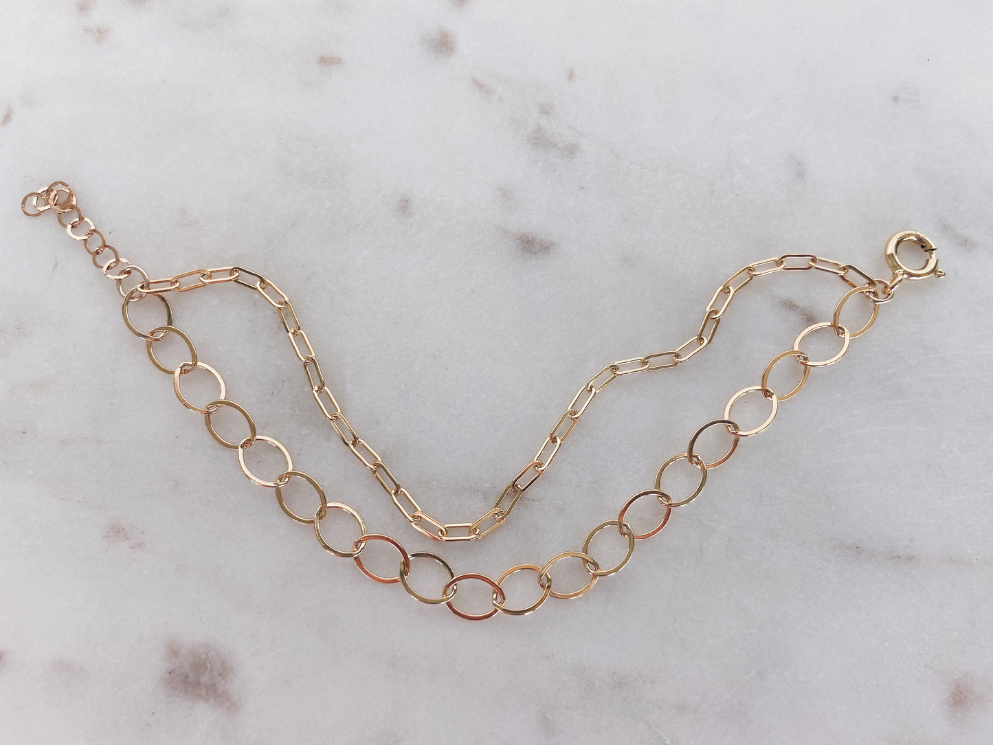 14k Gold Filled Link & Flat Oval Chain Layered Bracelet