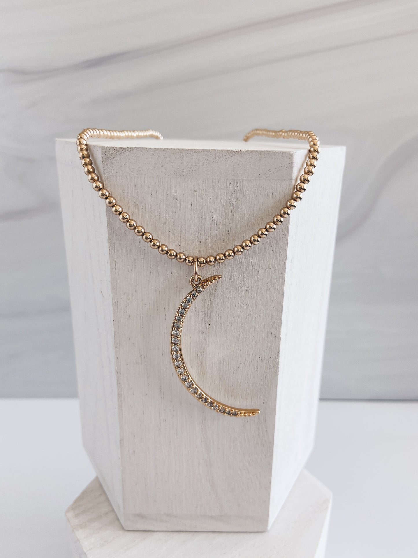 14k Gold Filled Beaded CZ Moon Necklace