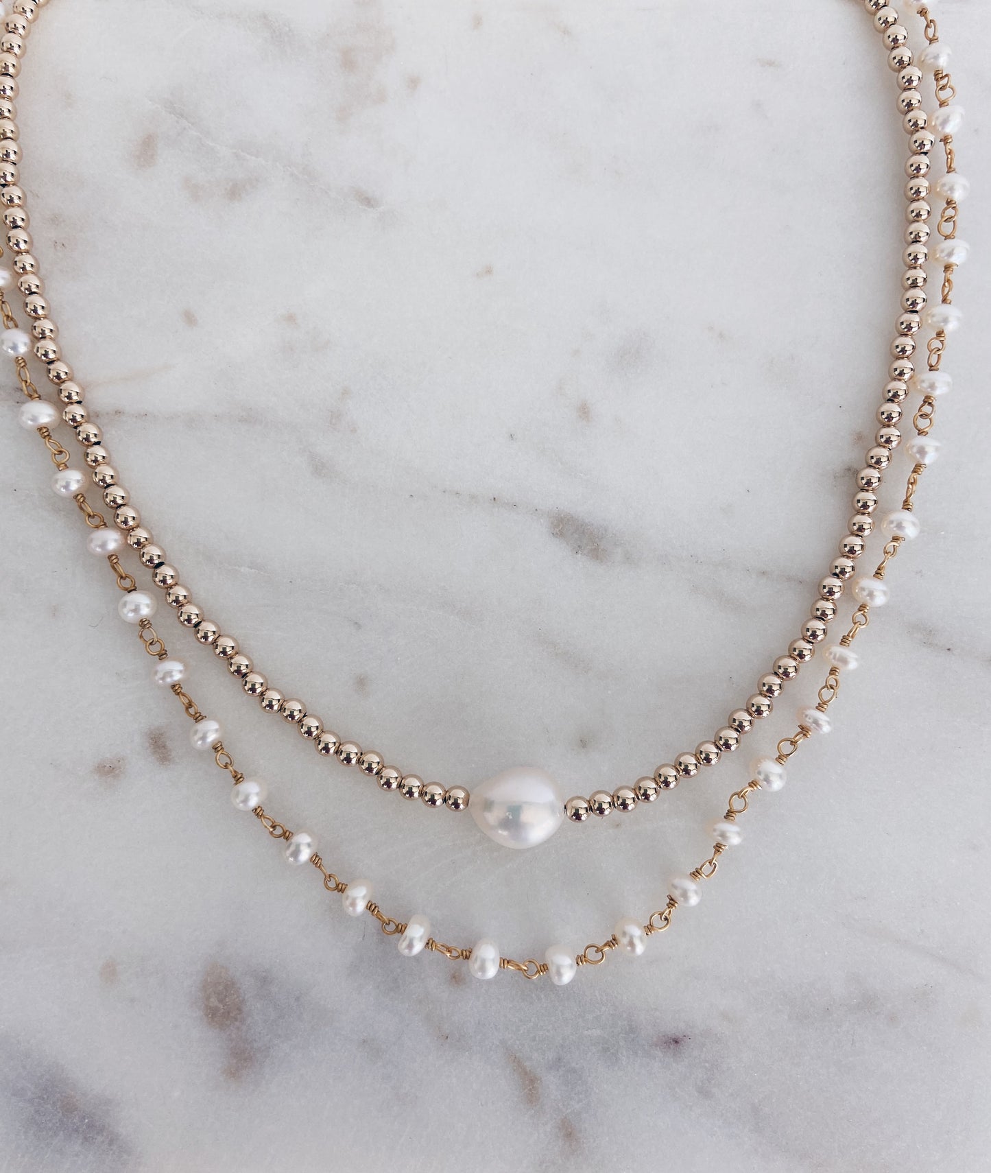 14k Gold Filled Beaded Baroque & Rosary Necklace