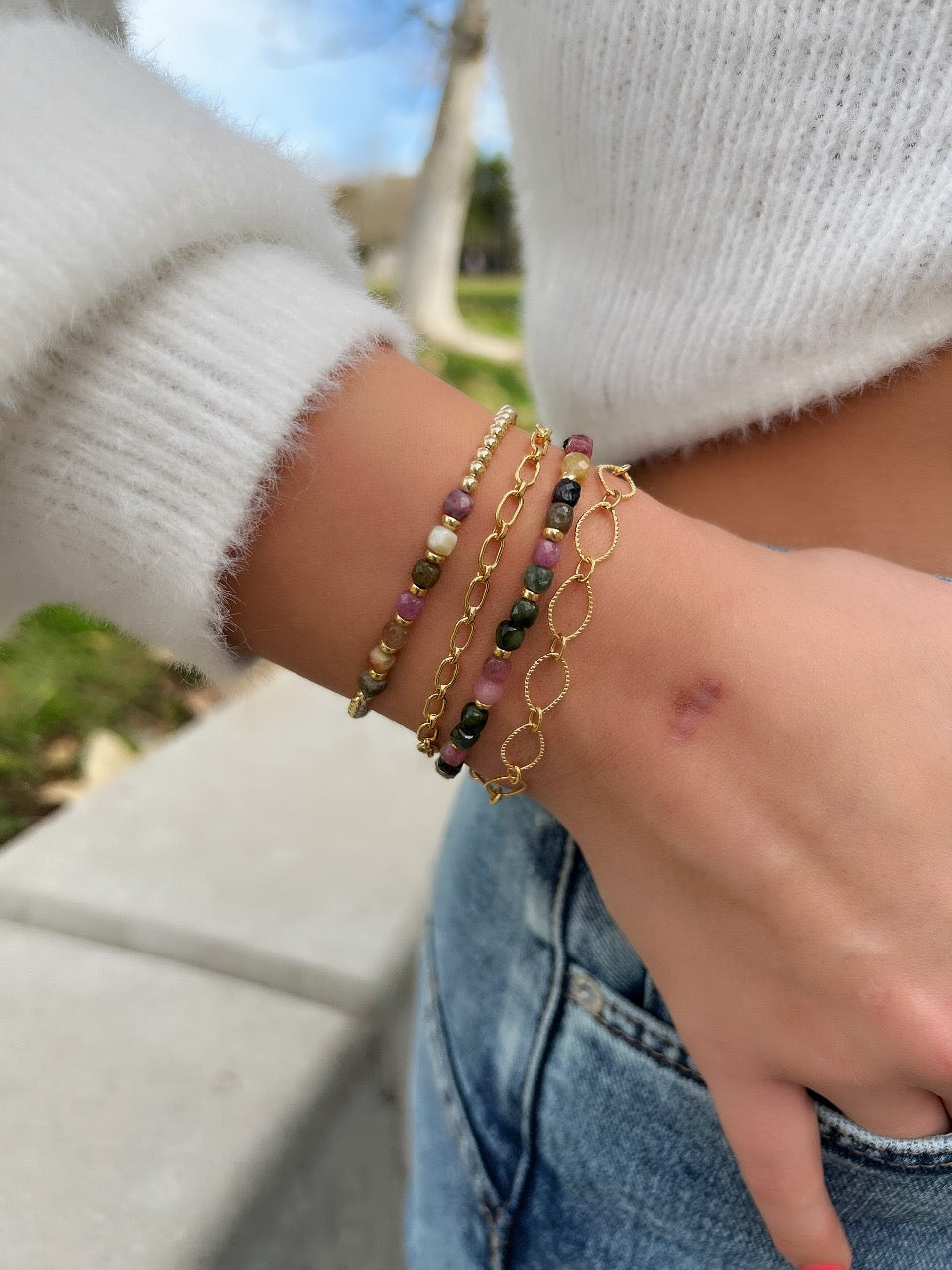 Triple Chain & Gemstone Layered Bracelet