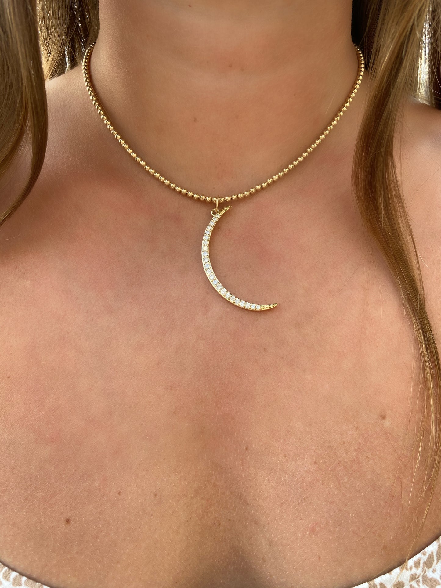 14k Gold Filled Beaded CZ Moon Necklace