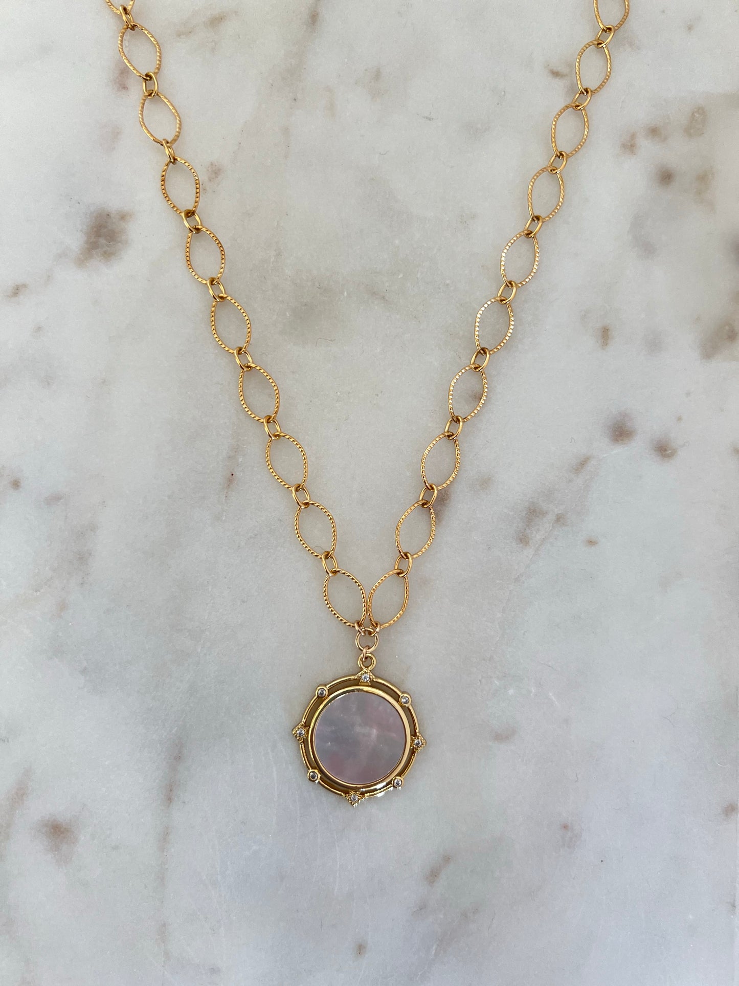 Deco CZ & Shell Pearl Coin Necklace