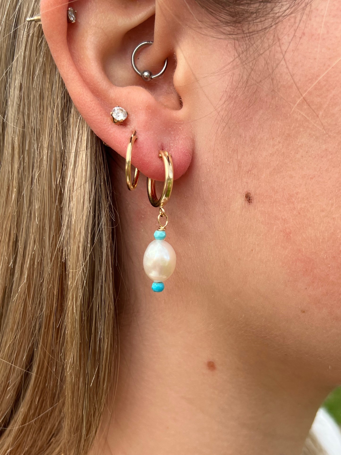 Turquoise & Baroque Pearl Huggie Hoops