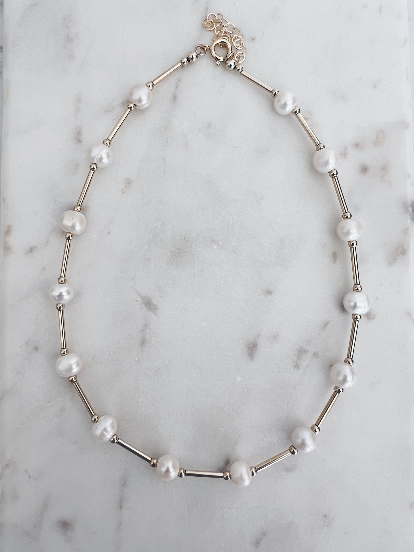 14k Gold Filled Pipe & Pearl Choker Necklace