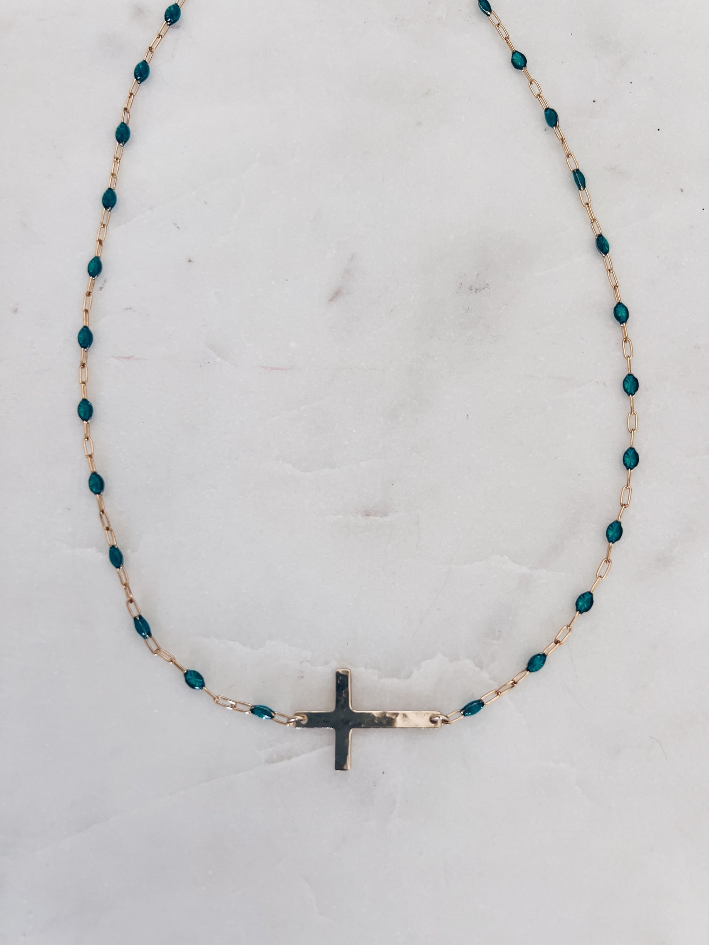 14k Gold Filled Cross & Aqua Marine Crystal Necklace