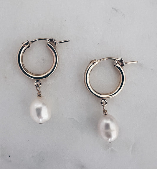 14k Gold Filled Baroque Pearl Huggie Hoops