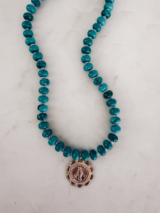 The Santorini Necklace | Turquoise & 14k Gold Filled Mother Mary Coin Charm