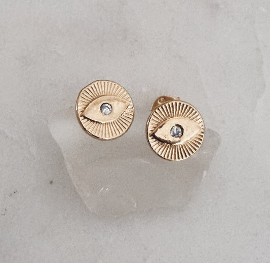 Gold CZ Evil Eye Circle Stud Earrings