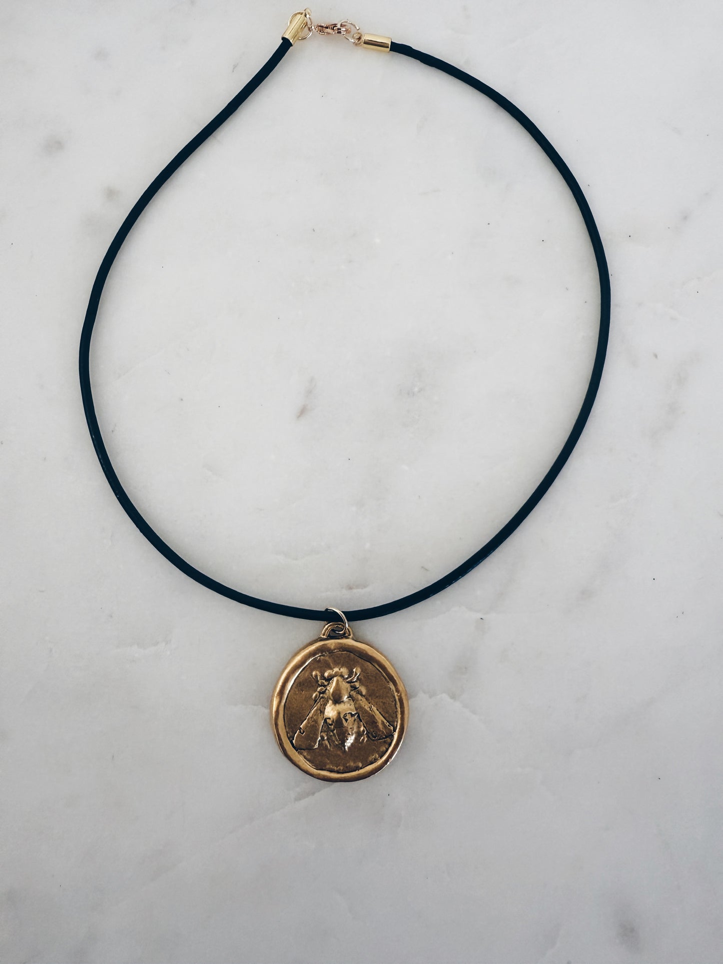 Espresso Leather Cord Choker Gold Bee Medallion