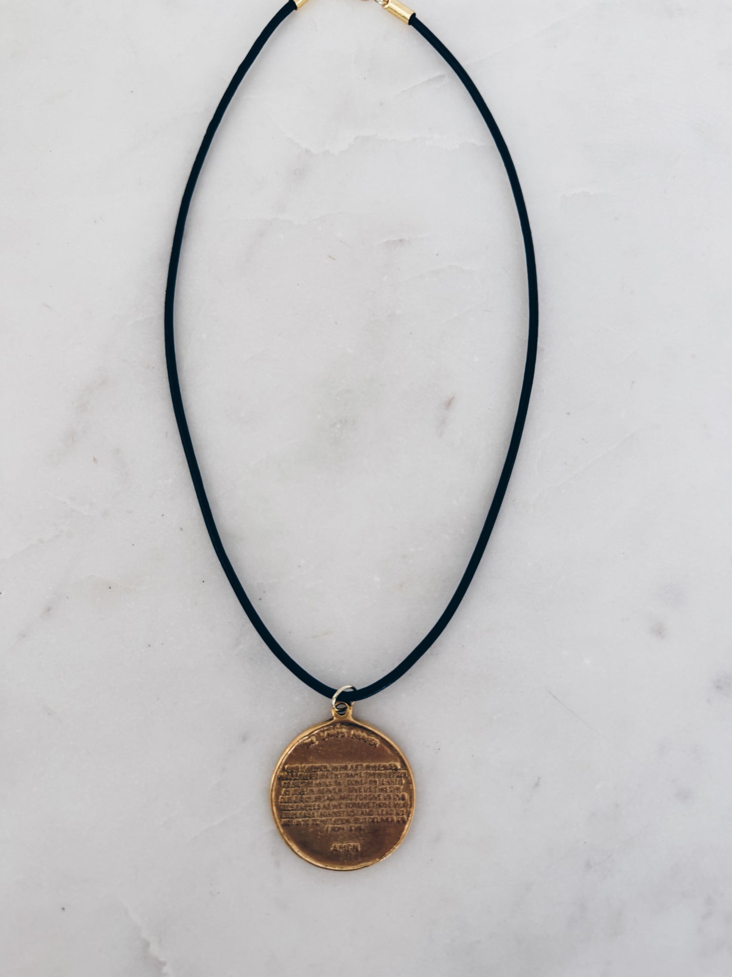 Espresso Leather Cord Choker Gold Cross/Lord's Prayer Medallion