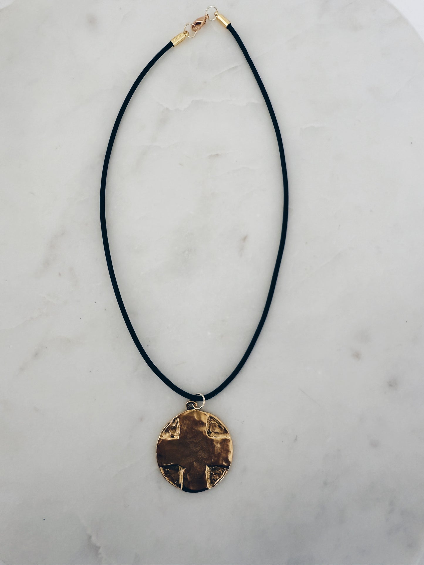 Espresso Leather Cord Choker Gold Cross/Lord's Prayer Medallion