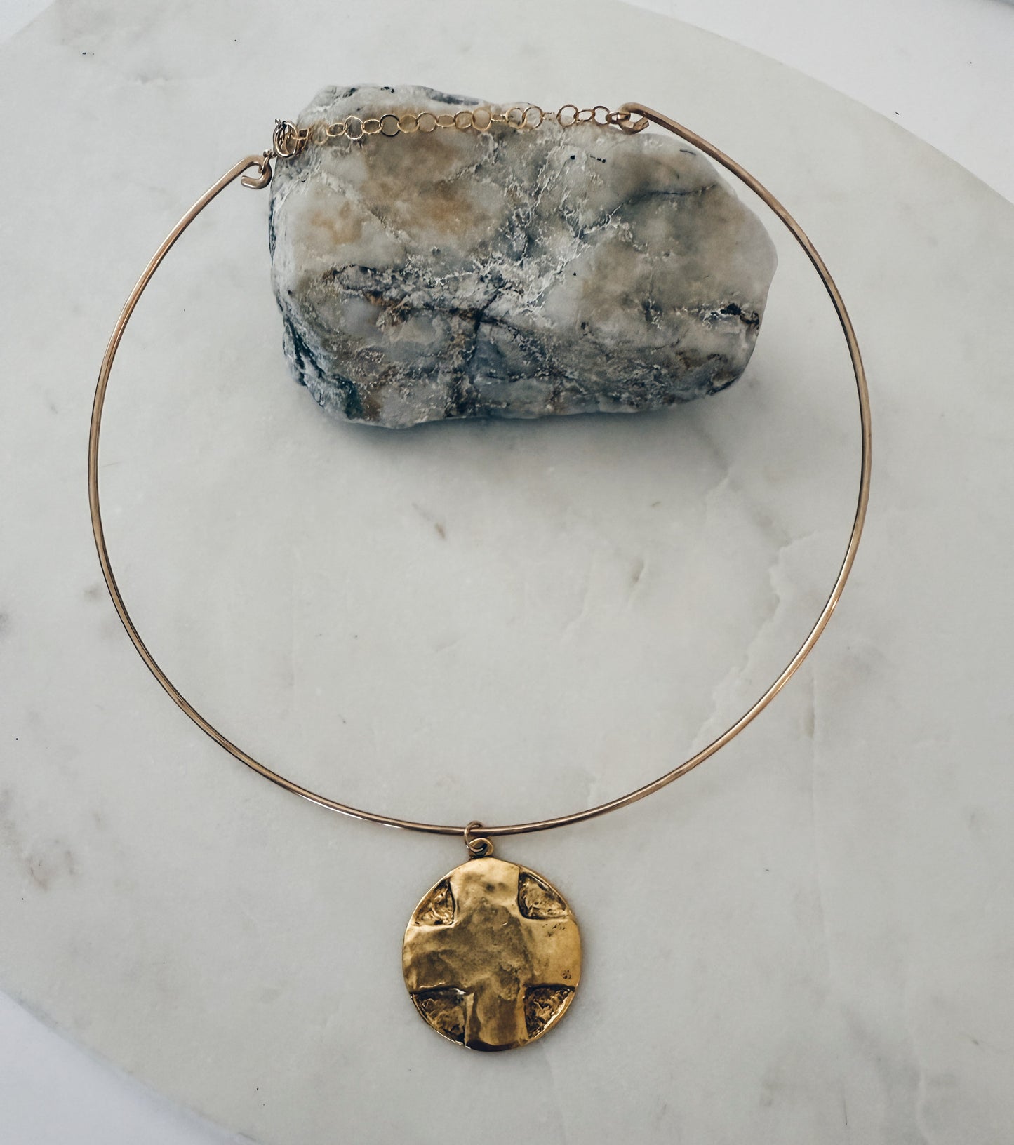 14k Gold Filled Wire Collar Choker...Cross & Lords Prayer Medallion