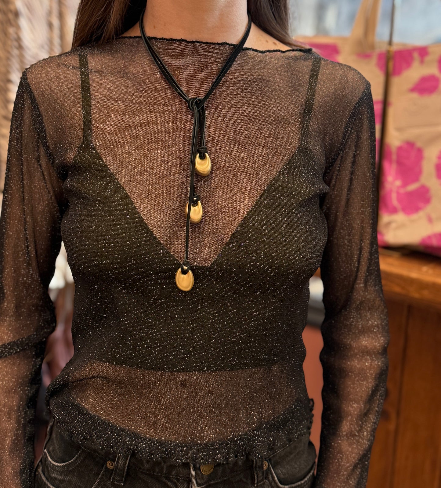 Black Suede Leather Cord w/Brushed Gold Oval Pendants