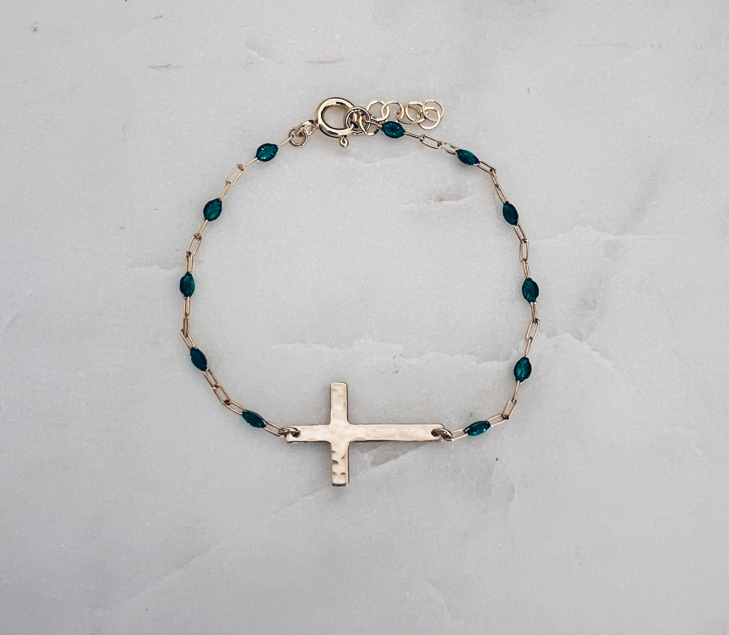 14k Gold Filled Cross & Aqua Marine Crystal Bracelet