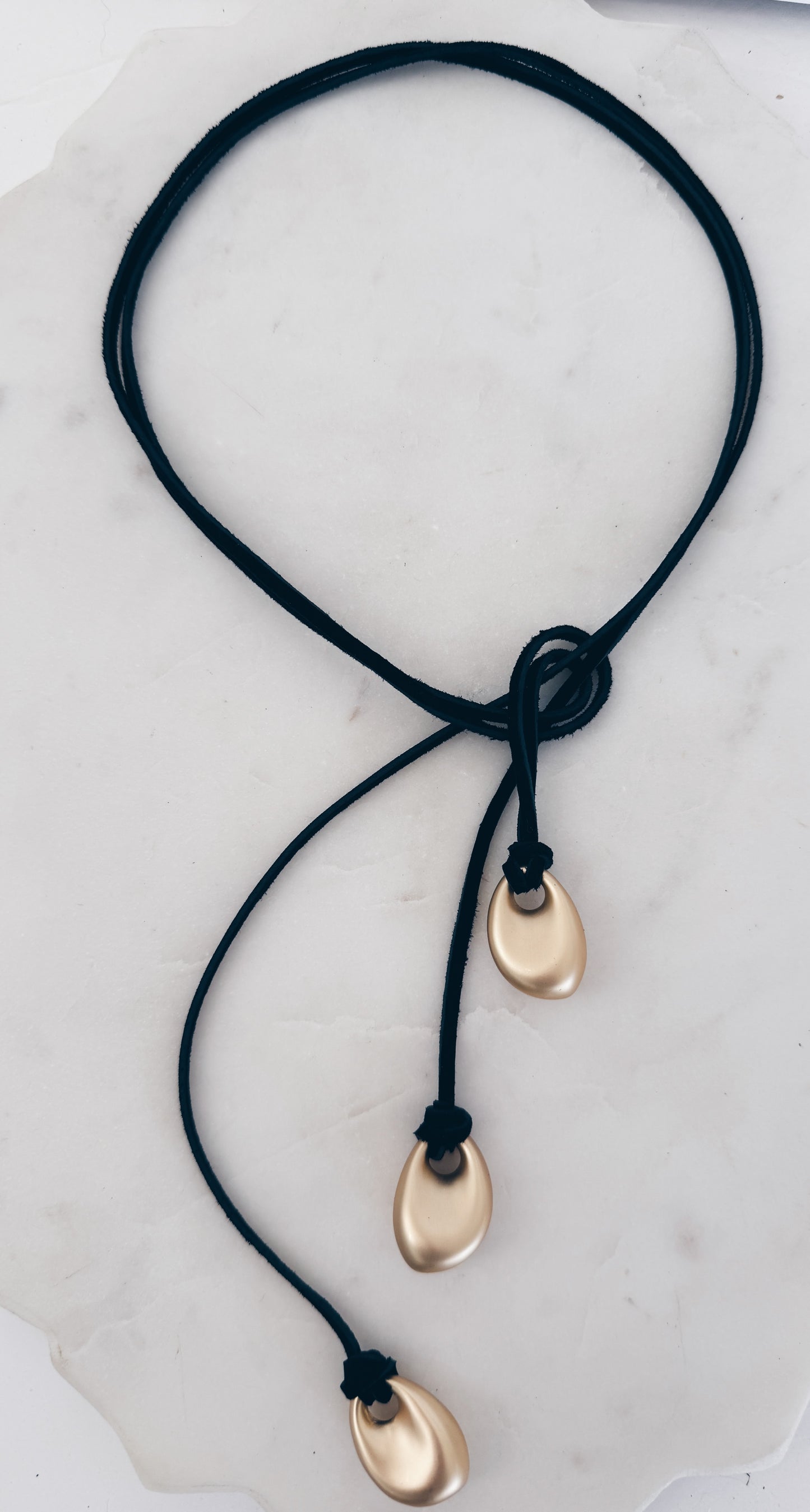 Black Suede Leather Cord w/Brushed Gold Oval Pendants