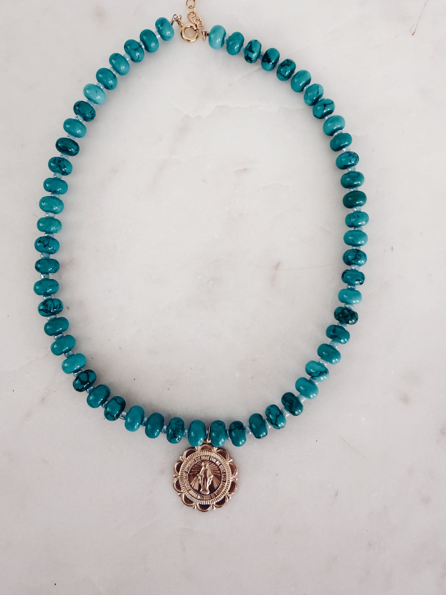 The Santorini Necklace | Turquoise & 14k Gold Filled Mother Mary Coin Charm