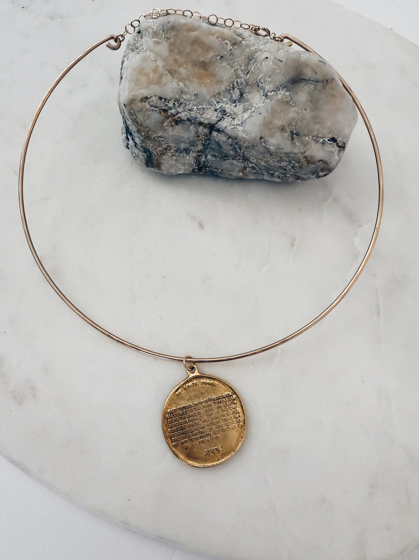 14k Gold Filled Wire Collar Choker...Cross & Lords Prayer Medallion