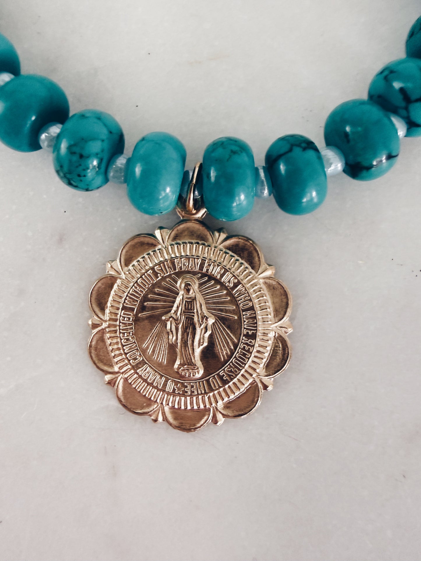 The Santorini Necklace | Turquoise & 14k Gold Filled Mother Mary Coin Charm