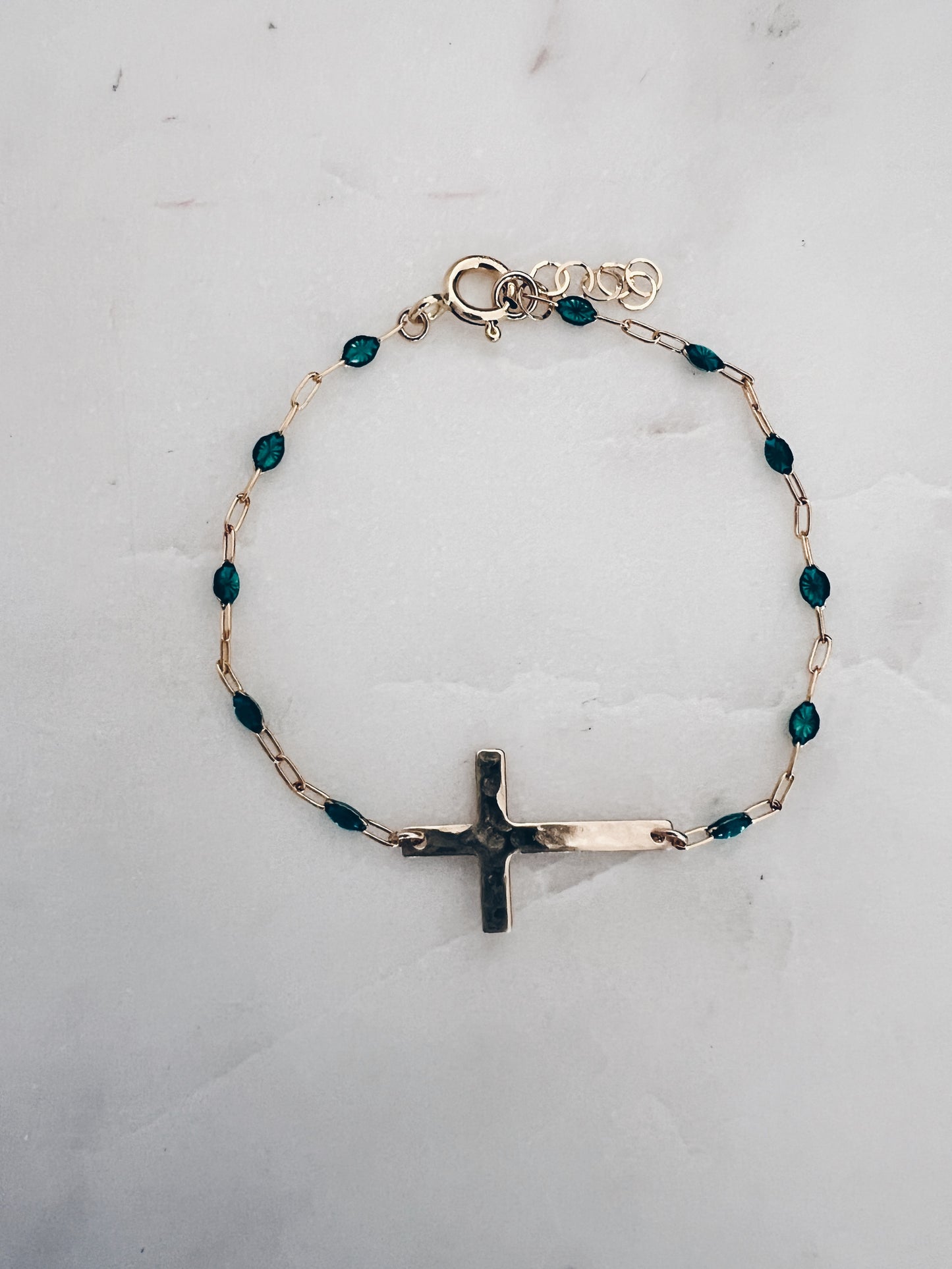 14k Gold Filled Cross & Aqua Marine Crystal Bracelet